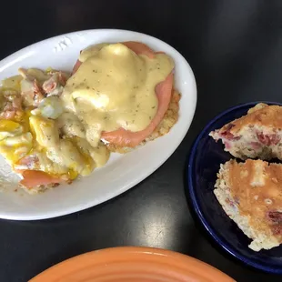 Potato pancake Smoked Salmon eggs Benedict &amp; the tart cherry bran muffin.
