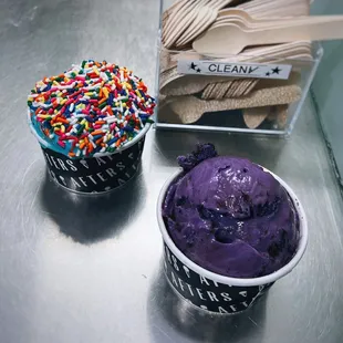 Cookie Monster w/ sprinkles + Ube Brownie / $5.25 (one scoop) each