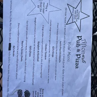 Kids menu