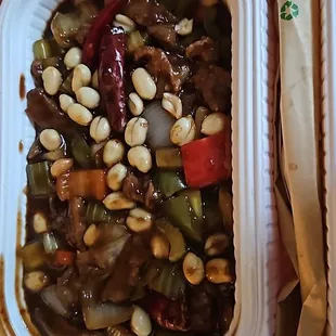 Kung Pao Beef - extra spicy. White rice is on the bottom of this 2 level container. (CCreate my Dish).