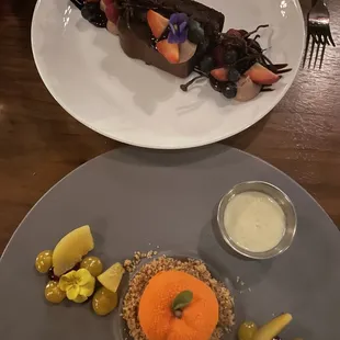 The flourless chocolate dessert and the peach dessert