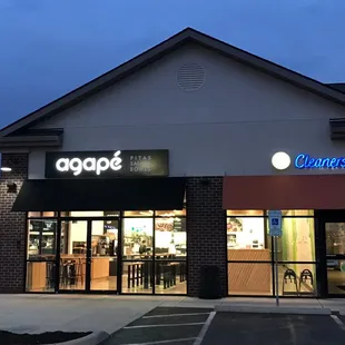 exterior of restaurant at dusk