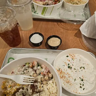Falafel bowl, gyro bowl, hummum and tzatziki