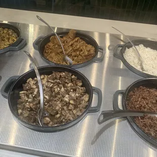 Back left chicken shawarma, back is gyro, front is Greek chicken, rices