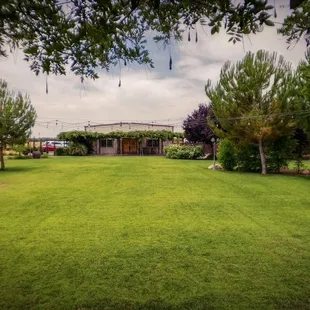 a large grassy field with a building in the background
