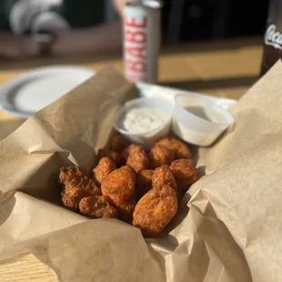Buffalo cauliflower (get the homemade blue cheese dressing!)