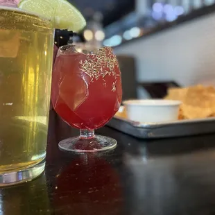 Agave and Rye draft, kissed by a bee margarita, chips and queso