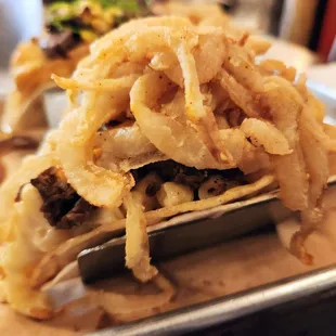 The Bomb Carne Asada Steak, Chopped Bourbon-Poached Shrimp, Mac N Cheese, A&amp;R Spicy Chili &amp; BBQ Jam, Tobacco Onions