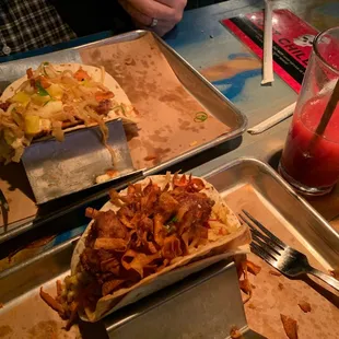 Faux General Tso taco, the dirty laua  and a bourbon dark cherry mango habanero slushy.