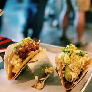 two tacos on a tray