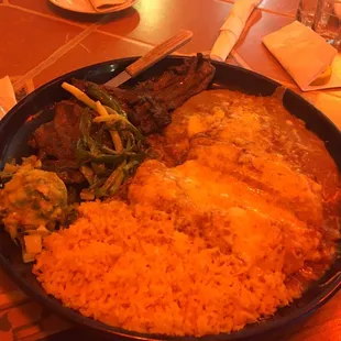 Shrimp enchilada, carne asada and tamale