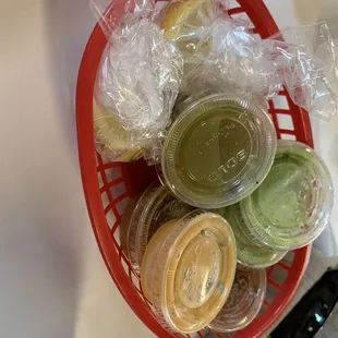 The salsas ( from mild to hot plus citrus)