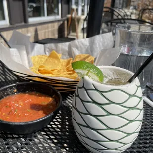 a drink and chips