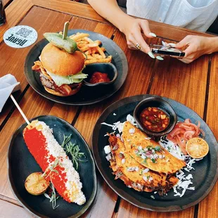 Agave jalapeño burger / $21, Agave quesabirria / $19 + Grilled elote (corn) / $13