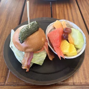 Agave Jalapeño Burger with side of Fruit