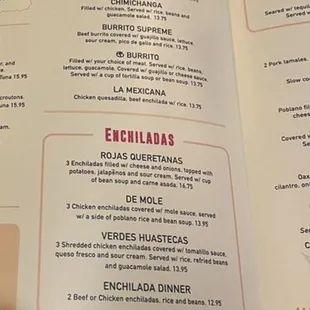 Tex mex and enchilada menu