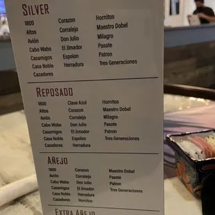 Tequila menu