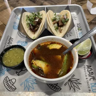 Lengua and al carbon tacos with tortilla soup.