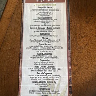 Happy hour menu