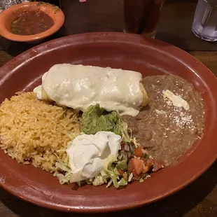 Chimichanga with rice and refried beans