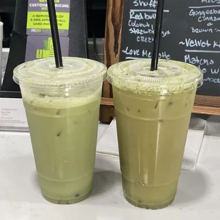 Two horchata with matcha's, one with coffee and lavender.