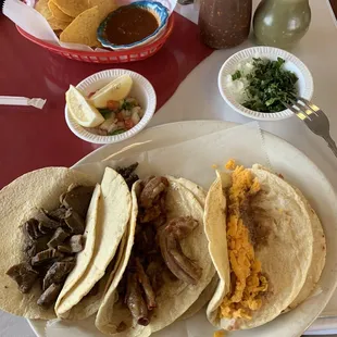 Lengua Tripas Bean and Cheese tacos