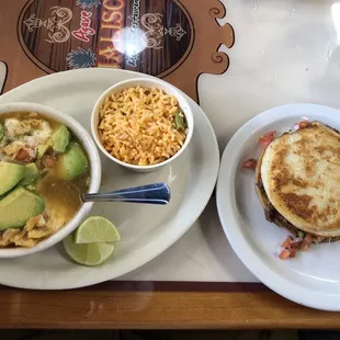 Chicken tortilla soup with rice and beef fajita gordita