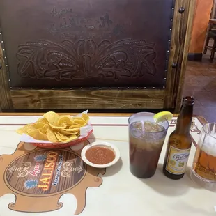 Chips and salsa and a Victoria beer