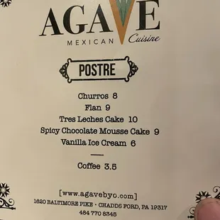 Dessert menu