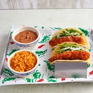 Fried Chicken Taco, Mexican Rice and Refried Beans