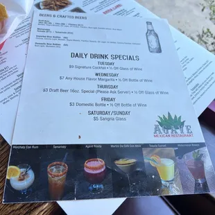 menu and drinks