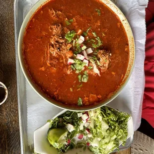 Posole, tender chunks of stewed pork with hominy and radishes.