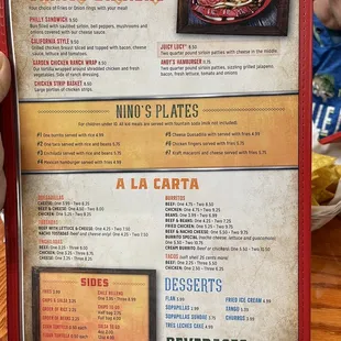 Gringo, Kids, A La Carta, Sides, Desserts menu
