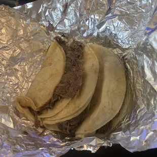 Barbacoa tacos. While juicy, had no flavor, and no toppings.