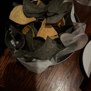 a bowl of chips and a glass of water