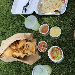 To-Go Spicy Margs, Chips &amp; Salsa (comes with 3 types of salsa), Guacamole, and Steak Quesadill