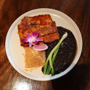 Cecina Plate ,Marinated pork loin ,beans and rice