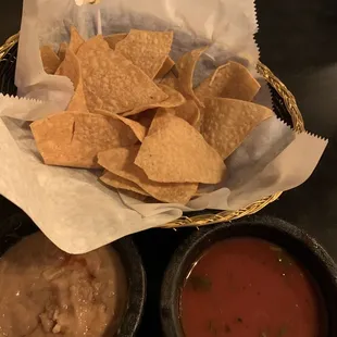 chips, bean dip and salsa