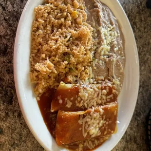 #3 Combo beef enchiladas with rice and beans