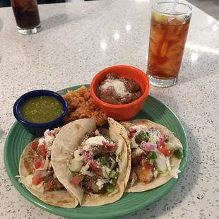 Three taco lunch: machaca, Chile verde, and fried fish! The Chile verde was the best of the three!