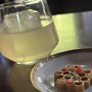 Bee's Mentality with white chocolate honeycomb and floral and fruit gels