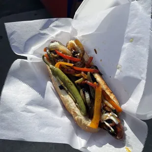 Bacon, green peppers, onions, mayo, mustard, ketchup