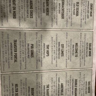Beer menu