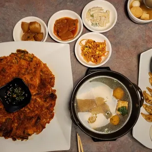 Kimchi pancake, fish cake soup, gyoza