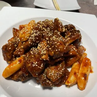 Sweet and sour fried chicken with rice cakes and sweet potato