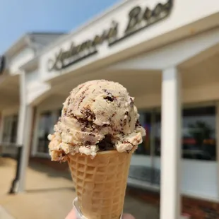 a hand holding a cone of ice cream