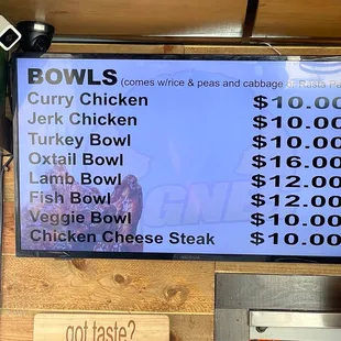 a menu for bowls
