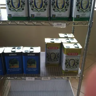 a shelf of greek food