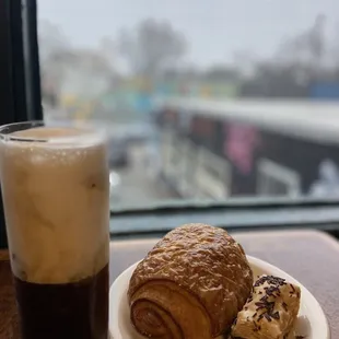 Cappuccino Freddo, chocolate croissant, mocha baklava