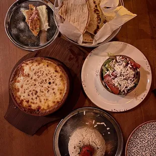 Moussaka, appetizer, side salad, side pita